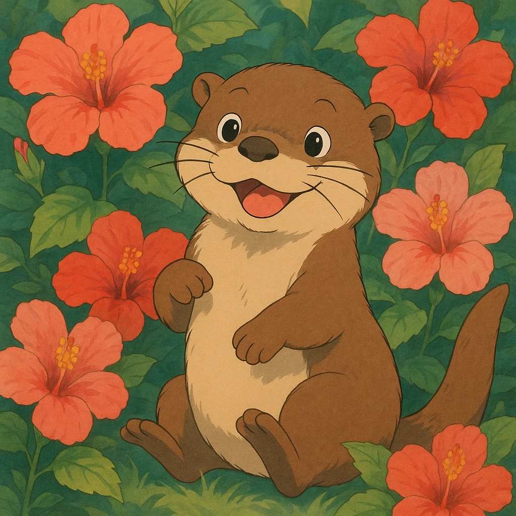 a playful otter surrounded by hibiscus flowers, ghibli style emoji