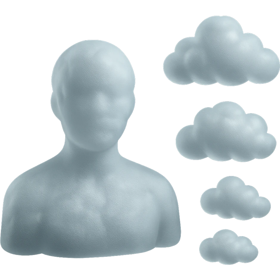 person looking straight, fully made of white fluffy convex clouds, shoulders, matte glass style emoji