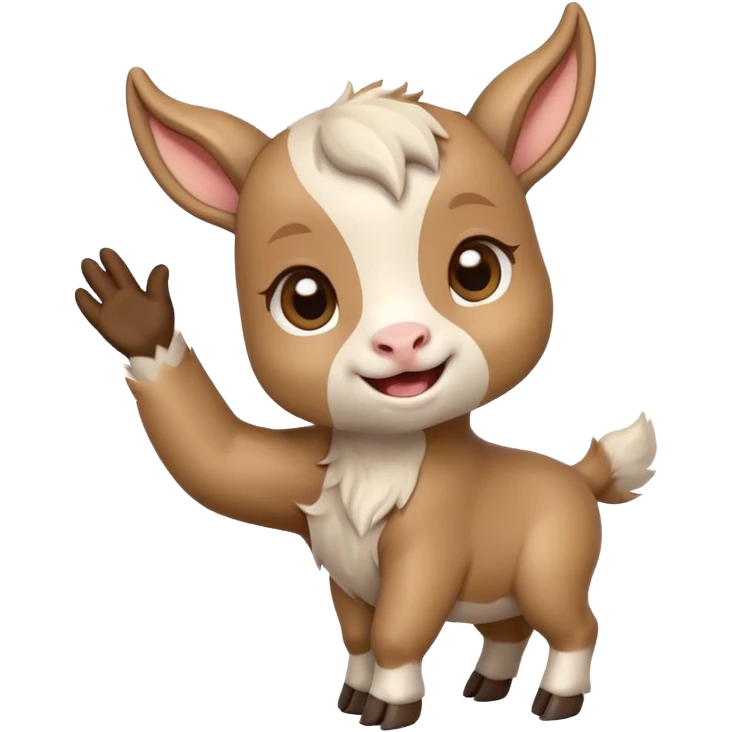 Chibi baby goat with a joyful expression, waving hello with one hoof, simple clean chibi stickers style, designed for a small emote, white background. Make sure that the hoof is not a hand. emoji