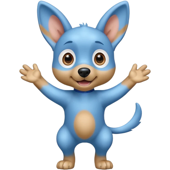 A cartoon blue dog with large eyes and upright ears, standing on two legs with arms wide open in surprise or excitement. The dog is light blue with darker blue patches and has a tan snout and inner ears. The expression is playful and energetic emoji