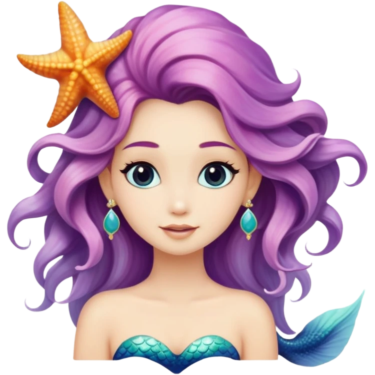 mermaid with seashells in hair, starfish earrings, ocean hair emoji