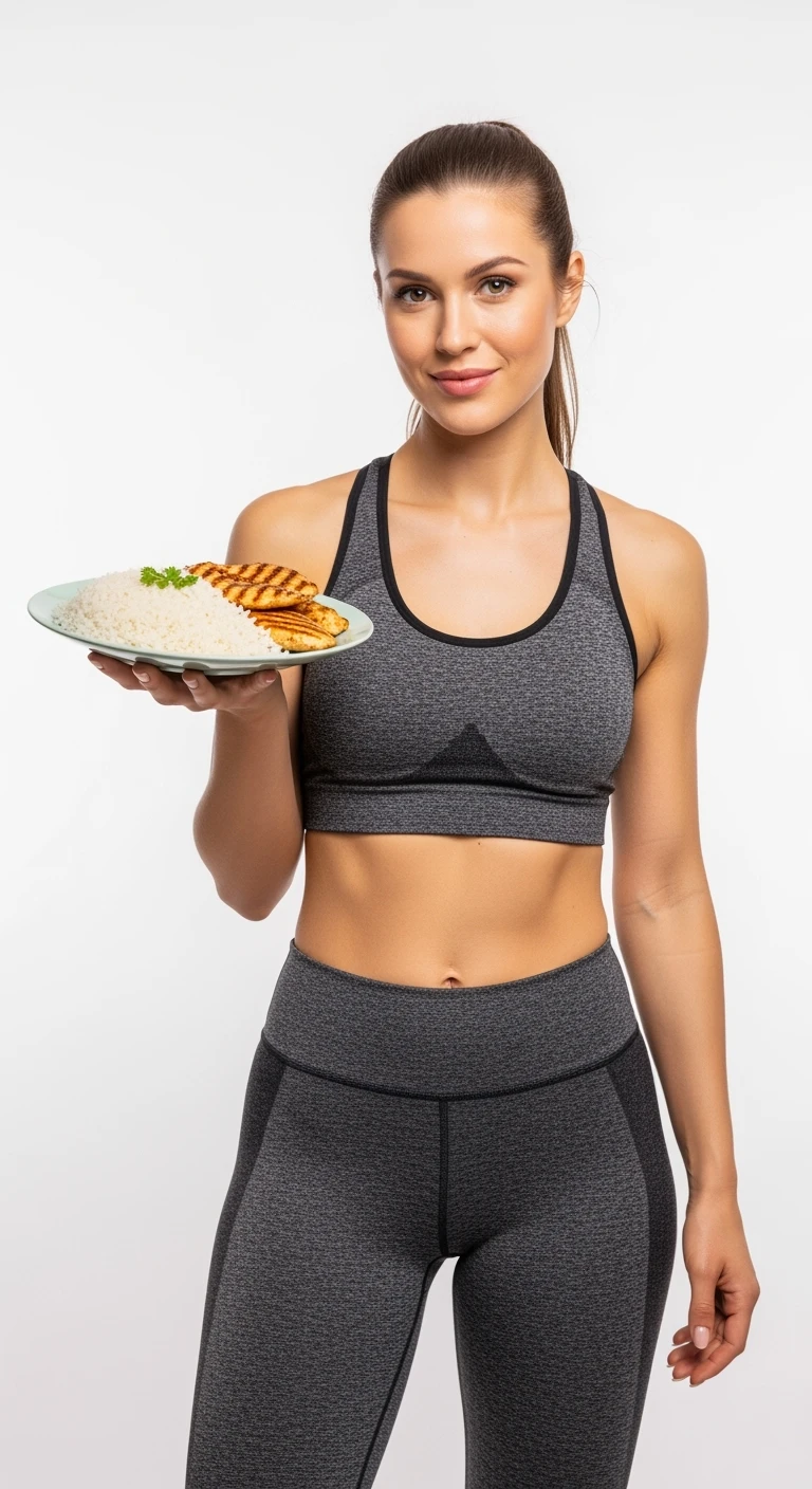 donna fitness con piatto di riso basmati e pollo in mano, isolata su sfondo bianco emoji