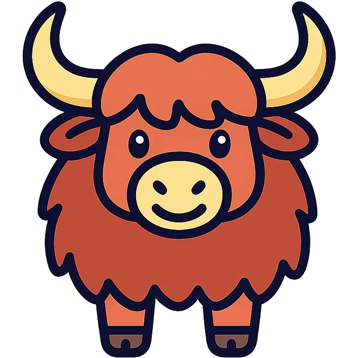 cute cartoon yak icon, rounded shapes, friendly expression, shaggy fur, modern icon style emoji