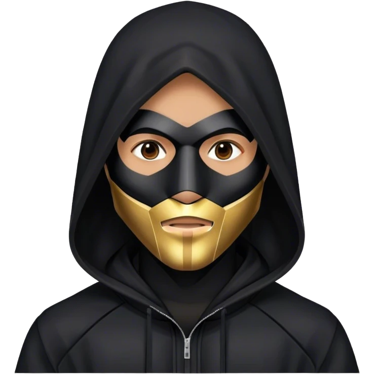 man with black hooded jacket and a full-black full-face geometric mask emoji