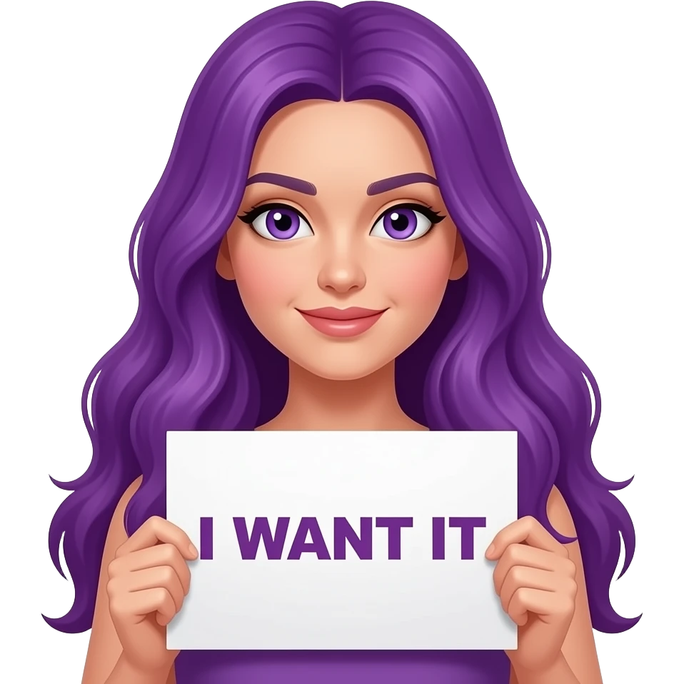 sexy girl with long purple hair and purple eyes holding a I WANT IT sign emoji