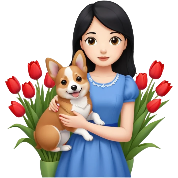 Girl Black hair Brown eyes Blue dress Corgi Pet Tulp Flowers Spring Cute emoji
