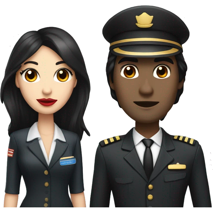 Flight attendant with long black hair, red lips and white skin with a pilot man with beige skin and black hair emoji
