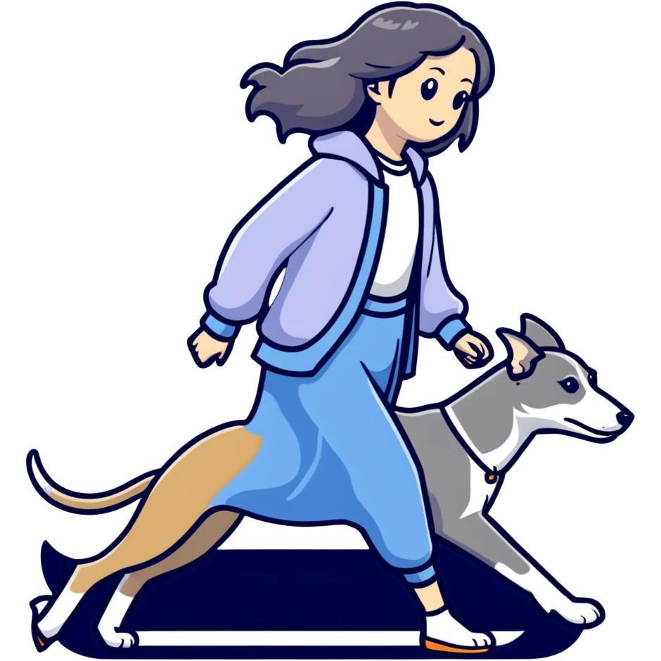 Japanese girl with flowing hair walking a grey greyhound emoji