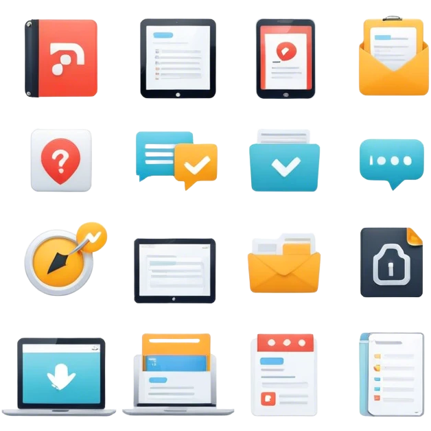 A set of icons representing digital products (infoproducts). The icons should include elements such as an e-book, an online course (play button on a screen), a webinar (video call window), a PDF document, a checklist, a subscription service, and a knowledge base. The design should be modern, minimalist, and visually cohesive, using a clean and professional color palette. emoji