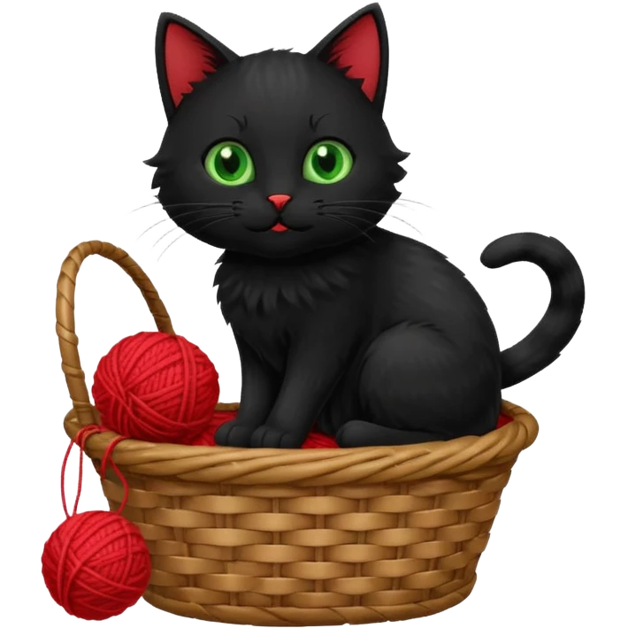 A playful black cat in a basket edge, playing with a yarn ball. emoji