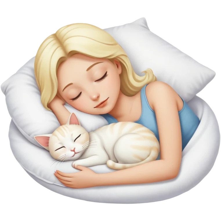 blonde girl sleeping on white pillow with white cat emoji