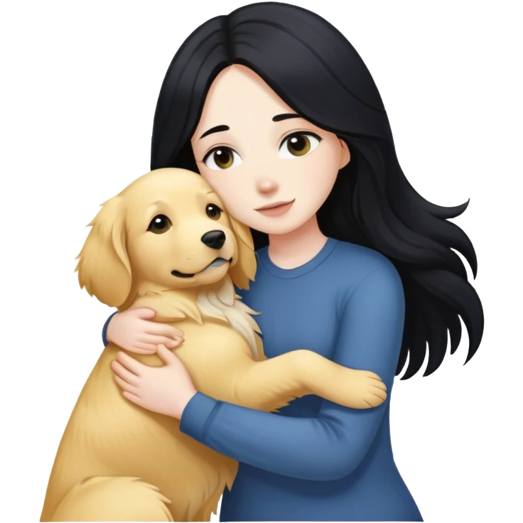 A white girl with long black  hair tightly hugged a Golden Retriever emoji
