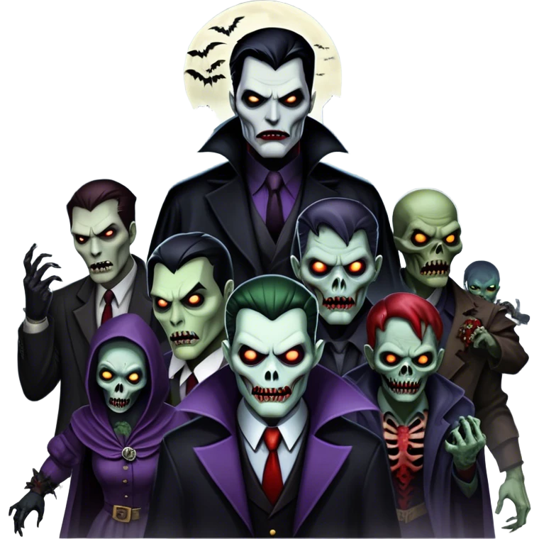 Icon for Thriller Movies: A large, dramatic collage featuring sinister villains and zombies in dark clothing. The background shows the gloomy cityscape of Gotham with dim lighting and eerie shadows. The atmosphere should be tense, mysterious, and suspenseful. Transparent background. emoji