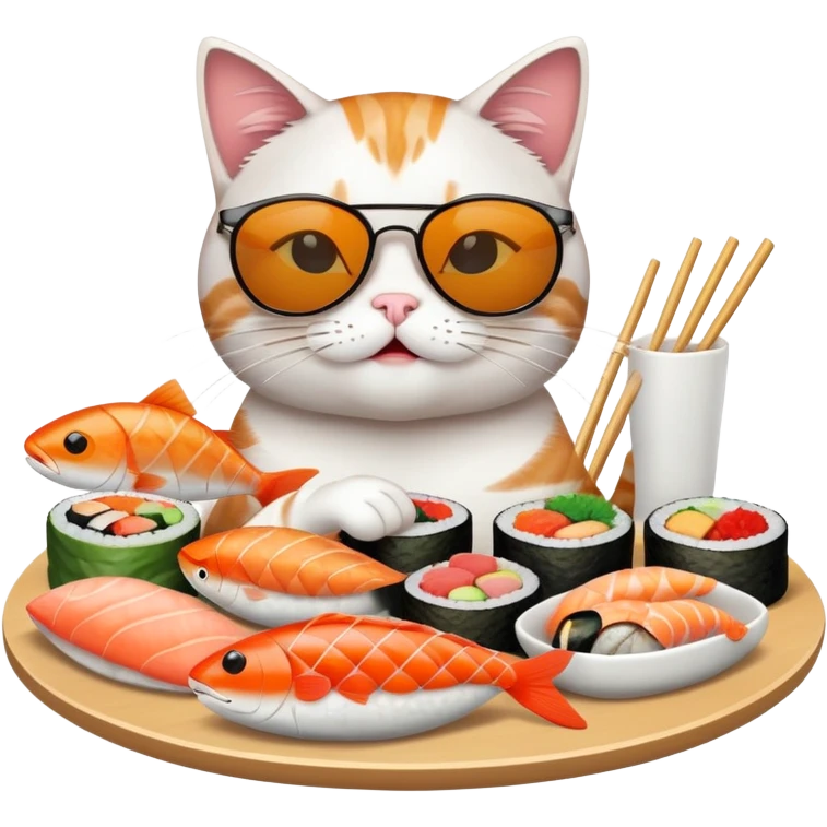 cat wearing sunglasses, looking cocky, eating sushi with more fish around emoji