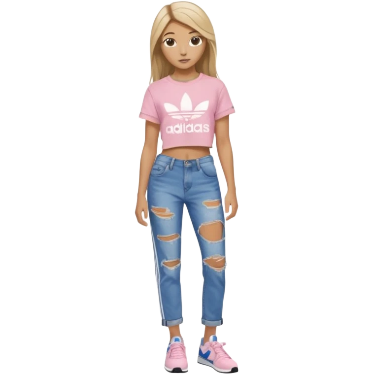 preppy teenage girl, tan, blonde highlights, brown long hair, long eyelashes, beach aesthetic, wearing cute clothes, sexy, wearing ripped blue long baggy jeans with a light pink revealing crop top, wearing Somba Adidas emoji
