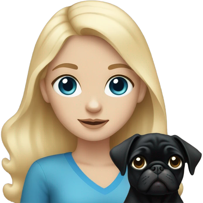 Girl with blonde hair and blue eyes holding a black pug emoji