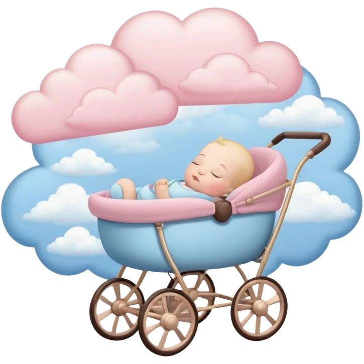 sleeping baby with closed eyes in pink and beige stroller with pastel blue clouds around it emoji