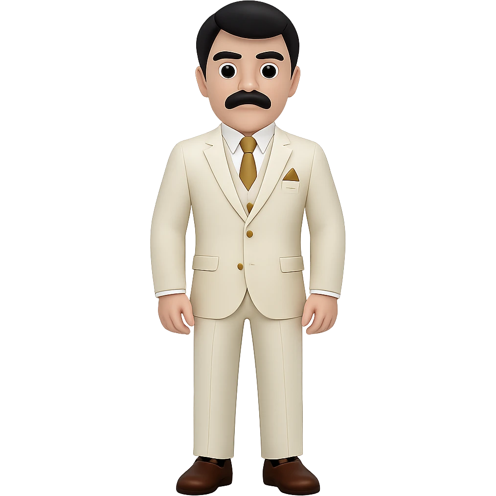 Make the man more manly with black hair and a mustache, full body. The style should resemble emoji style with a transparent background. emoji