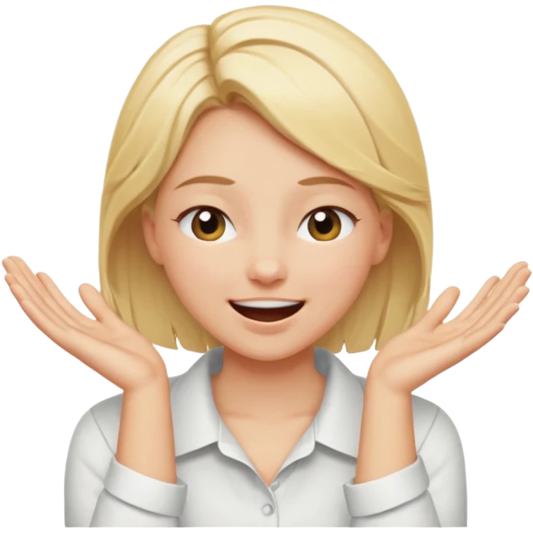 Happy blonde girl with eyes closed and mouth wide open and hands cupped around her neck - her eyes are squinty with excitment mo emoji