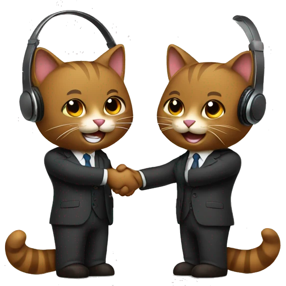 Two brown adult, happy cats, shaking hands in suits with headphones on.   emoji