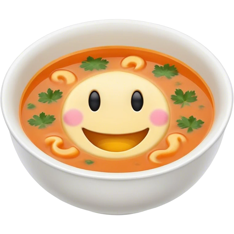 a bowl of soup with a happy face in the soup looking out emoji