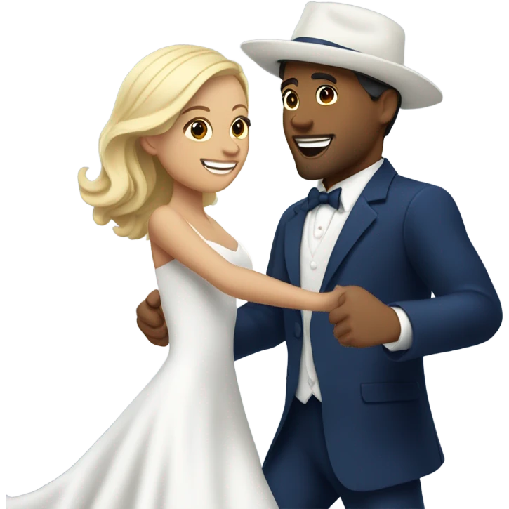 Puerto rican beard short hair with blue hat and navy blue suit first dance with blond long hair girl with white  wedding dress  emoji