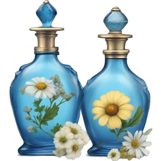 Two blue Antique oil perfume bottles with herbal and flowers emoji