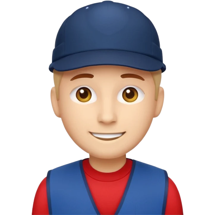 minimalist emoji-style character as a Lowe’s store worker, Apple emoji style, flat vector, front-facing, bright red vest, navy blue cap, rounded features, warm smile, simple eyes, no text, no logos, clean background emoji