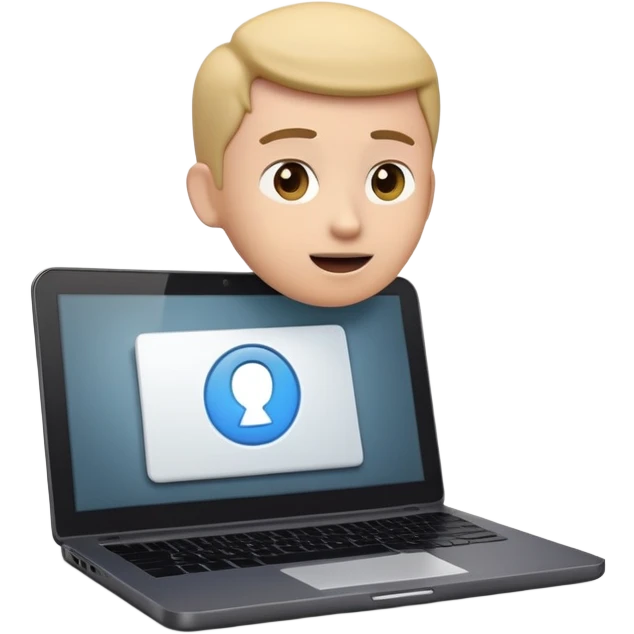 A dark-colored laptop with the screen open. From the screen, a person is emerging, giving a lecture or teaching. The person should look expressive and in a teaching pose. Soft shadows, semi-3D emoji style, clean background. video course emoji