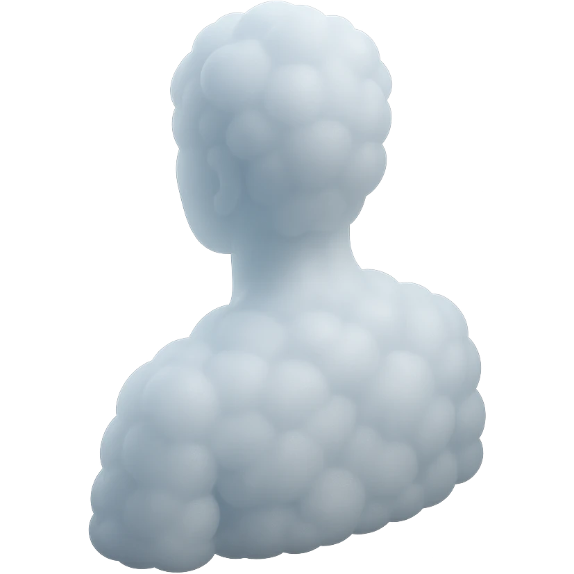 person looking straight, made entirely of white fluffy convex clouds, shoulder up, matte glass style, clouds with slight transparency emoji