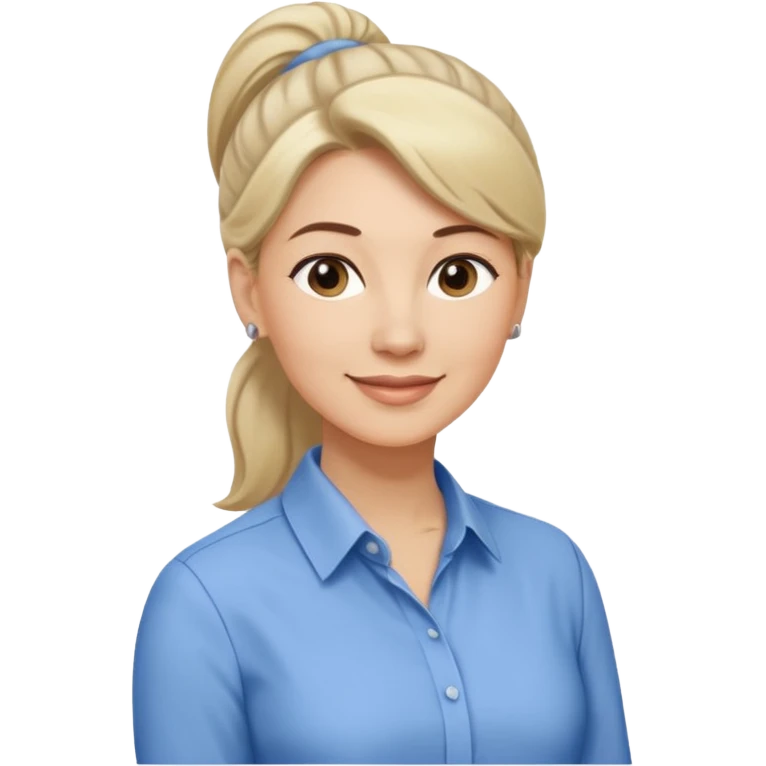 Женщина среднего возраста с волосами, собранными в аккуратный хвост, лёгкая уверенная улыбка, строгая однотонная блузка, стиль деловой и сдержанный. emoji