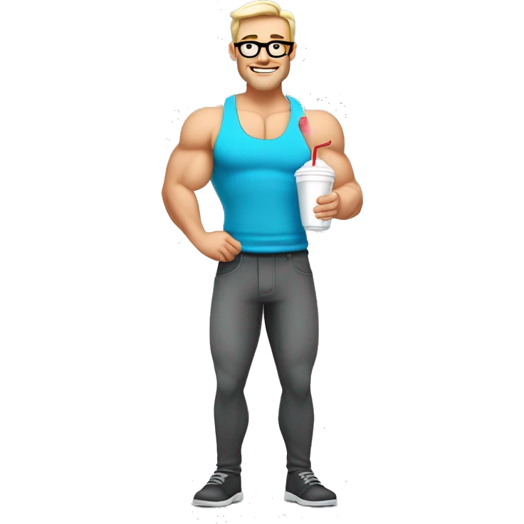 caucasian white muscled guy drinking a protein shake, full body, wear glasses emoji