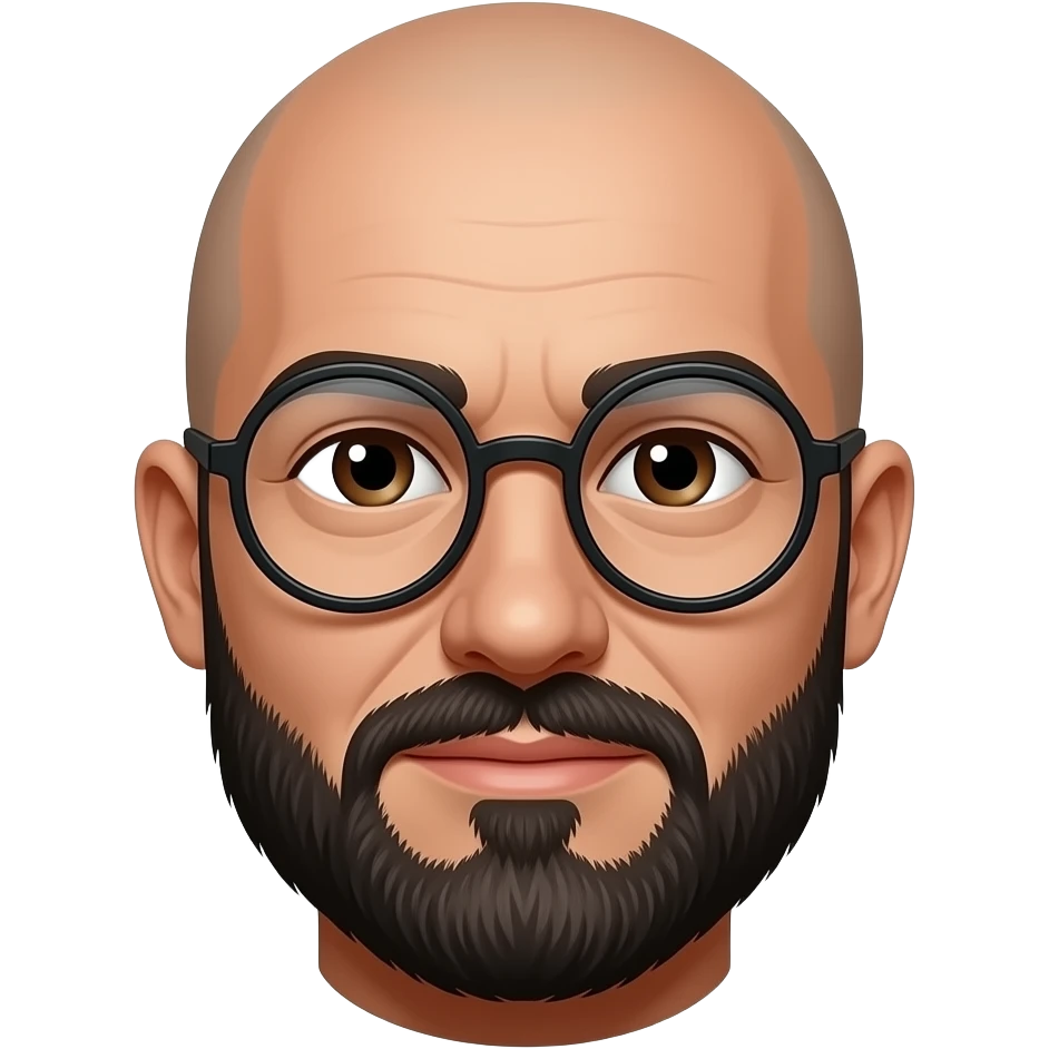 Homme chauve avec lunettes barbe courte noire  yeux brun visage plus fin emoji