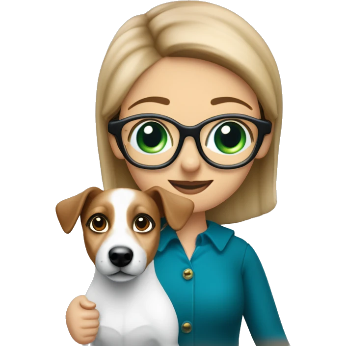 dunkelblonde Frau mit blauen Augen und grüner Brille mit einem schwarzen Jack Russell Mischling Hund auf dem Arm emoji