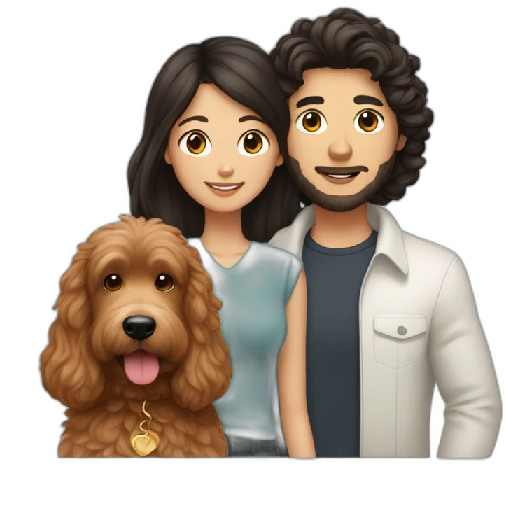 guy with brown hair and asian girl with long black hair holding red goldendoodle emoji