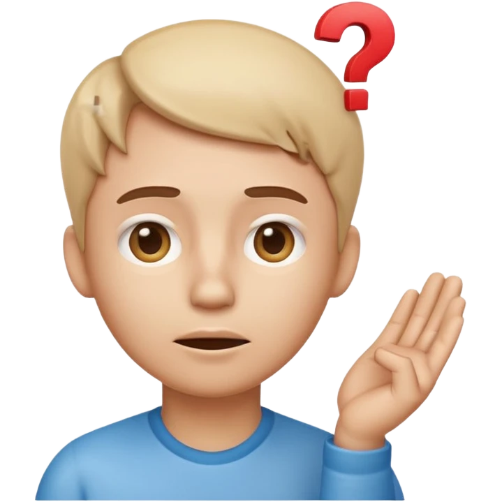 Telegram-style 3D emoji of a confused person, hand on chin, looking up, raised eyebrow, small question marks around head, soft gradient shading, clean rounded design, transparent background. emoji