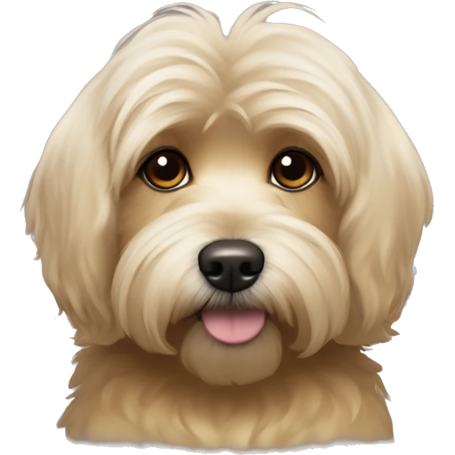 a cute havanese dog with gold light brown hair and sole blond hairs in the top half and the bottom half around where his nose starts black hair for his like “beard” and brown eyes and cute triangle ears that go down that are blond but black on the ends emoji