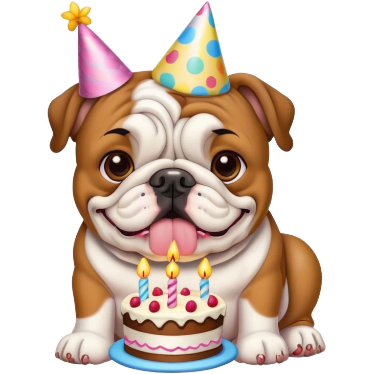Bulldog with birthday hat and cake emoji