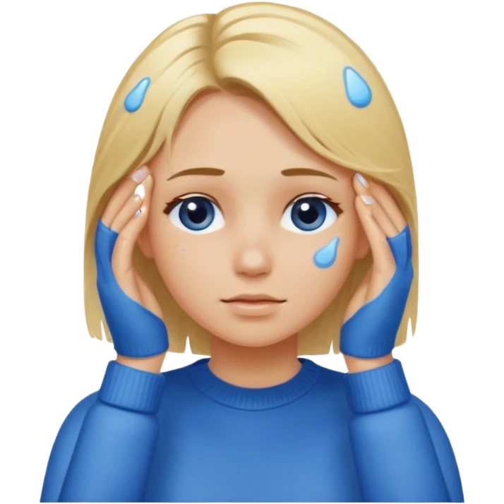 Girl massaging her head with blonde wet hair with anti-dark circles patches in her eyes dressed in a blue sweater emoji