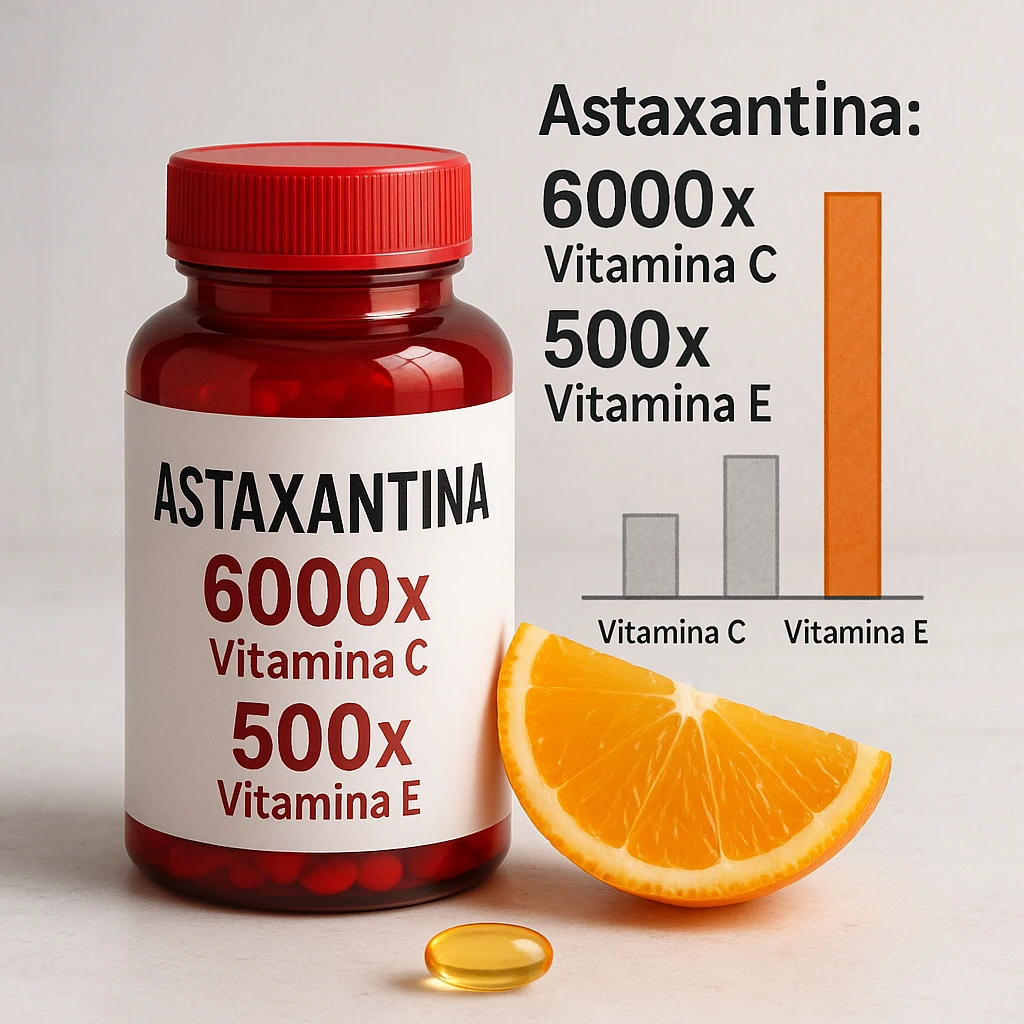 hyper realistic style scientific atmosphere light background, red bottle of astaxanthin, orange slice and golden capsule, bar chart comparing vitamin C and vitamin E, text 'Astaxantina: 6000x Vitamina C, 500x Vitamina E' emoji