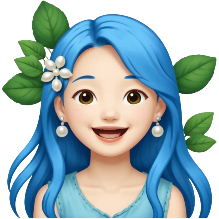 Asian girl, long blue hair, pearl hair clip, loves nature, laughing emoji