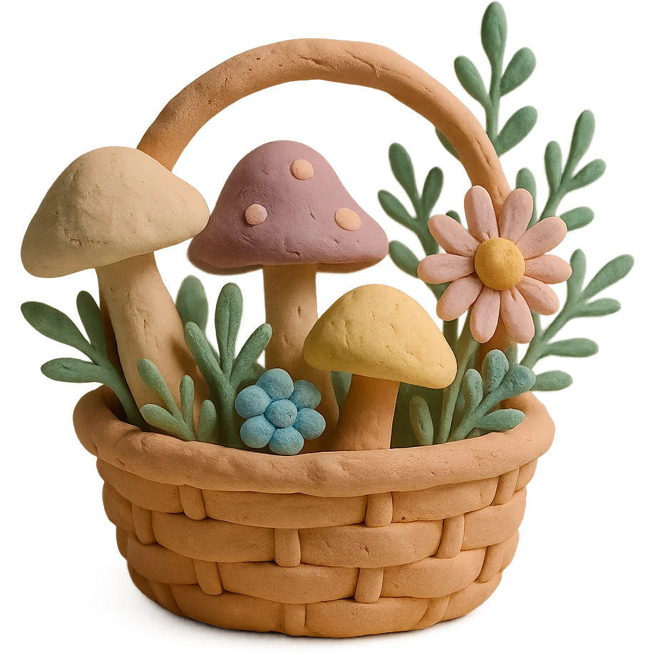 basket full of forest goodies with mushrooms, herbs, flowers in soft pastel colors, claymation style emoji