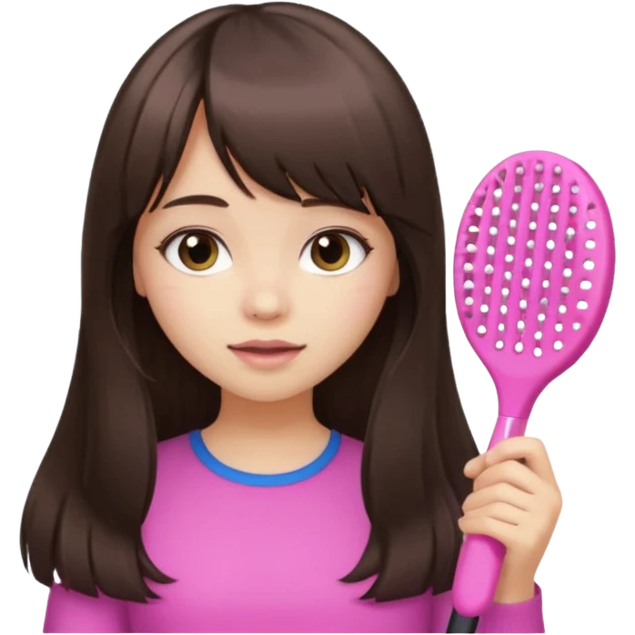 a girl with light skin and dark brown long hair with bangs who is brushing her hair emoji
