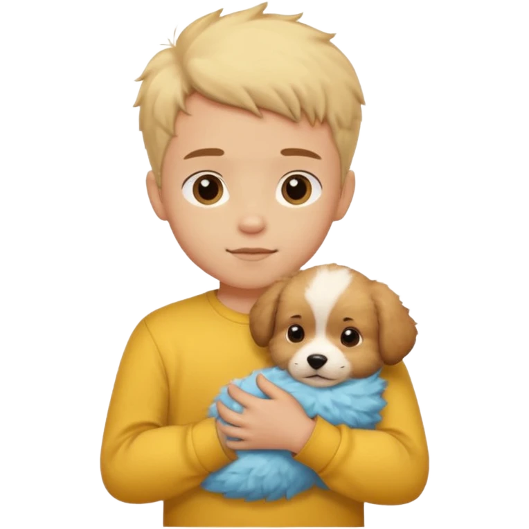 ["Light-skinned boy in yellow shirt, cradling a puppy."] emoji