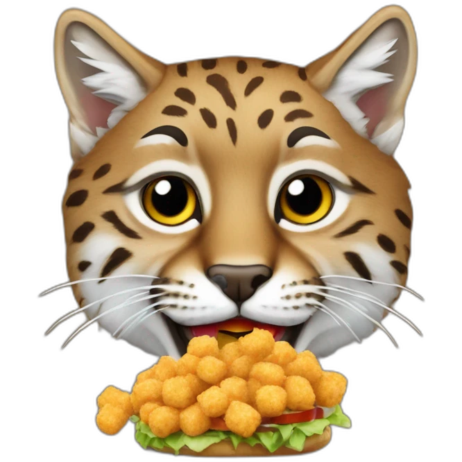 Bobcat eating a cheeseburger with a side of tater tots emoji