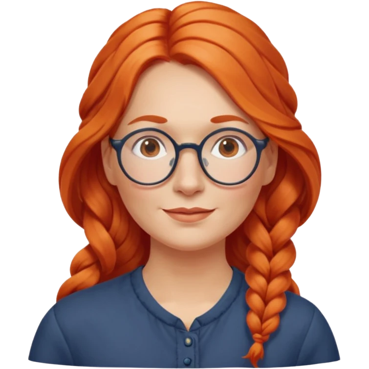 middle-aged woman from Norway, long wavy orange-red hair in one long braid on one side, large round glasses, gentle expression emoji