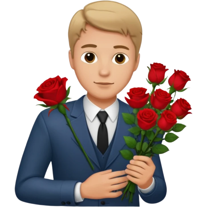 Un homme blanc brun pas en costard qui tien un bouquet de roses dans la main emoji
