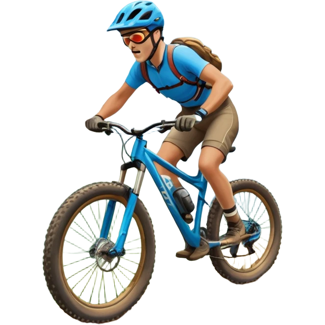 An icon featuring a mountain bike with thick tires on a rugged trail. A cyclist in a helmet rides downhill, kicking up dust. The background showcases a breathtaking mountain landscape with green slopes, rocky peaks, and a bright blue sky. Transparent background emphasizes adventure and speed emoji