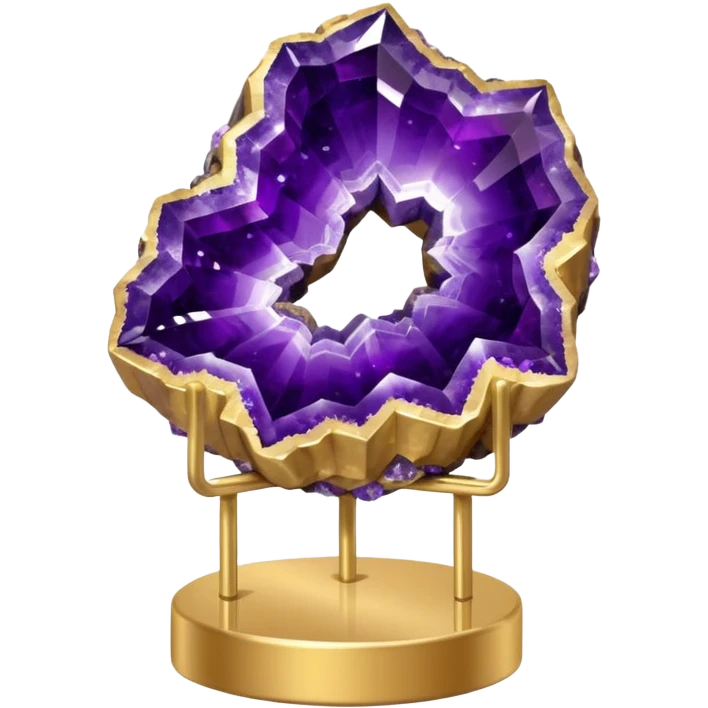 Amethyst cluster geode on a thin metallic gold stand display emoji