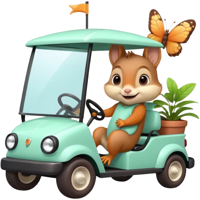 High-quality 3D Pixar-style mint green golf cart speeding in bright courtyard, driven by a super-cute smiling baby squirrel, glossy fur, big eyes, vibrant colors, smooth shading, butterflies, potted plants, bright daylight. emoji